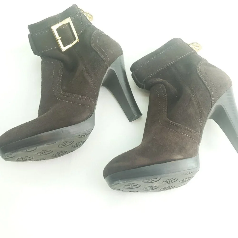 Tory Burch Womens Brown Suede Gold Hardware Buckle Ankle Strap Booties Size 6M
